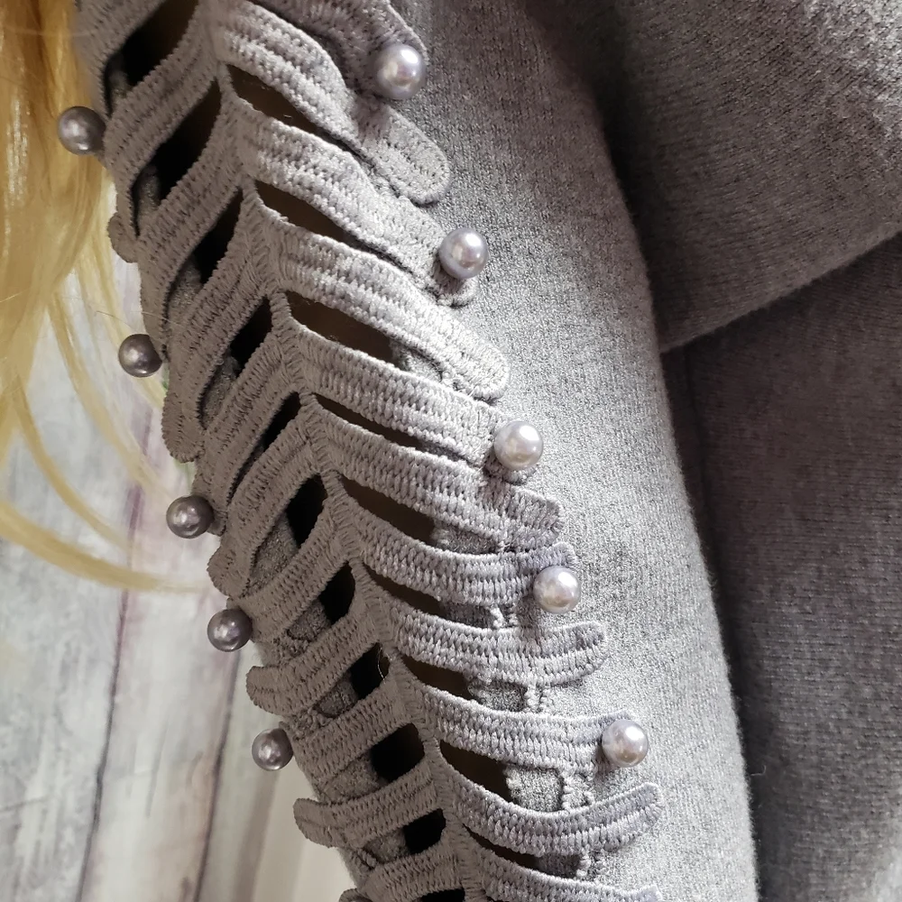 Anthro Ember Gray Sweater with Embroidered Cut Outs & Pearls Sleeve - Picture 3 of 12
